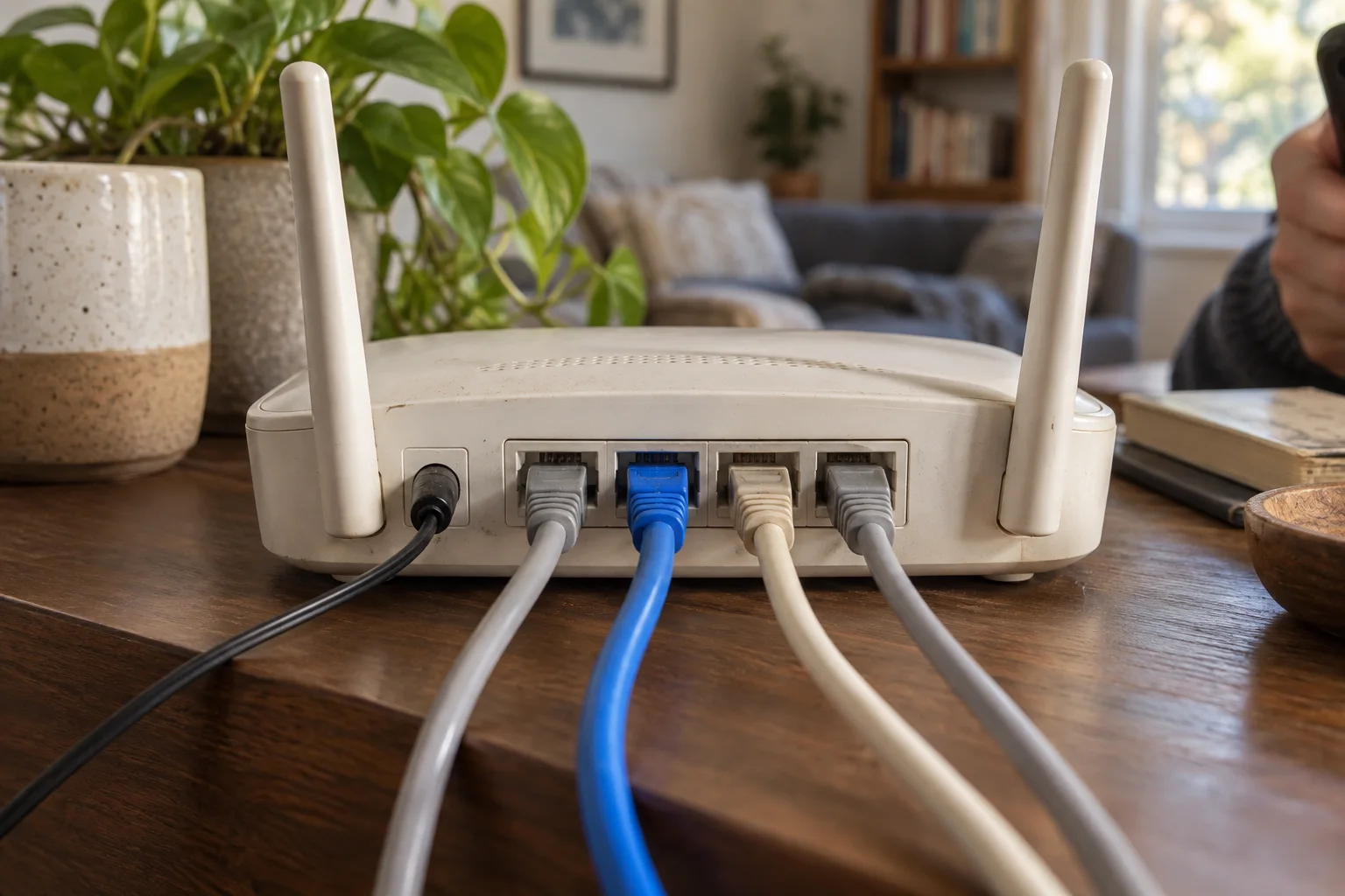 Illustration of a home router with a blue cable in the second Ethernet port from the left