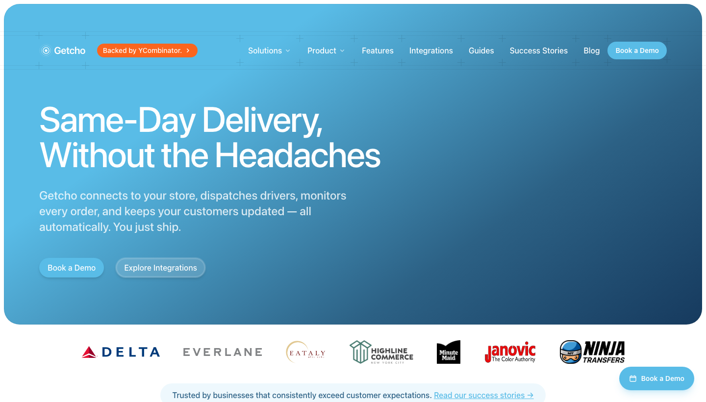 The Getcho homepage: same-day delivery operations, backed by Y Combinator, trusted by Delta, Everlane, Eataly, and more.